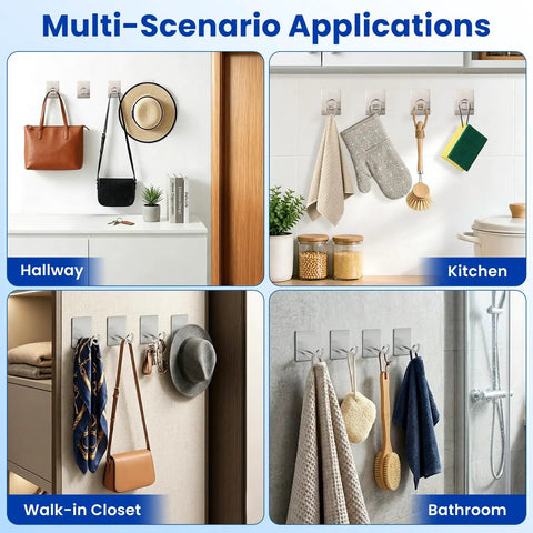 Super Strong Adhesive Hooks With Extended Stainless Steel Bar For Heavy Duty Wall Mount in kitchen, hallway, and bathroom settings.