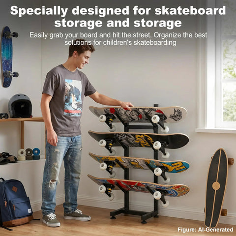 Freakishly Durable Industrial Grade Steel Knocks Out Clutter With A Badass 4 Tier Skateboard Rack Floor Stand holding four boards.
