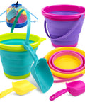 3 Pack Foldable Beach Buckets With Shovels And Mesh Backpack For Kids And Toddlers, in pink, purple, green with open and collapsed views