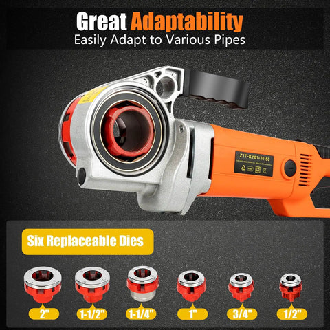 2300W Electric Pipe Threader With Six Killer Dies For 1/2 To 2 Inch Galvanized And Stainless Steel Pipes view showing six replaceable dies.