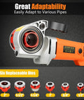 Heavy Duty Electric Pipe Threader Machine 2300W 110V Handheld Thread Kit with six interchangeable dies for various pipe sizes.