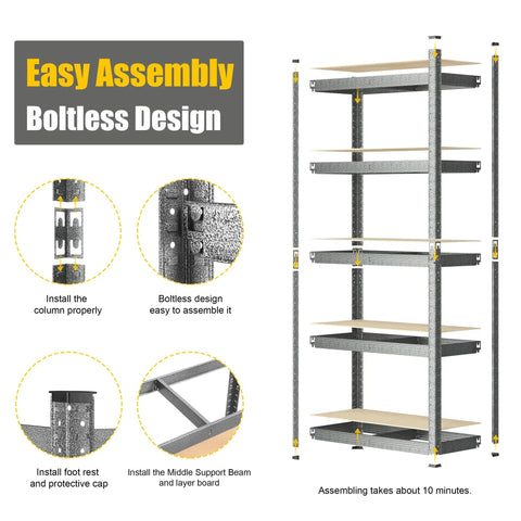 Four Heavy Duty Five Tier Storage Shelves 28 By 12 By 59 Inches Built Rock Solid Utility Rack with boltless design for easy assembly.