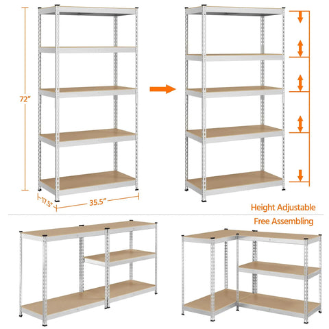 Badass 5 Tier Metal Storage Shelving Unit Heavy Duty Steel Rack With Rock Solid MDF Shelves Silver Color 72 Inch Height Adjustable.