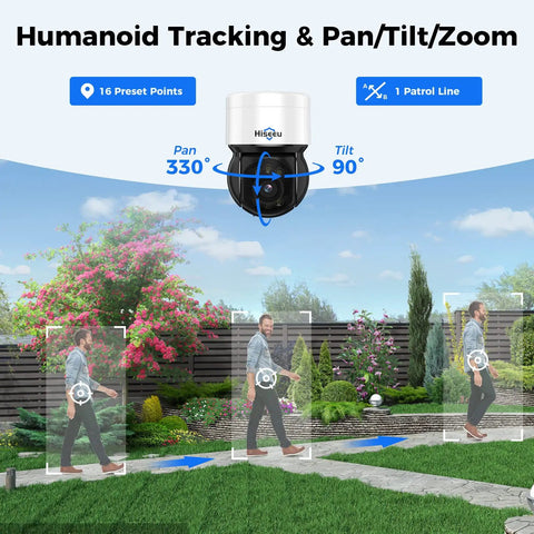 Auto Tracking 4K PoE PTZ Outdoor Security Cam With 330 Degree Pan And 90 Degree Tilt tracking person in garden