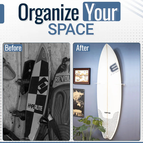 Before and after images of Heavy Duty Vertical Surfboard Wall Mount Rack Made From Crystal Clear Acrylic in use.