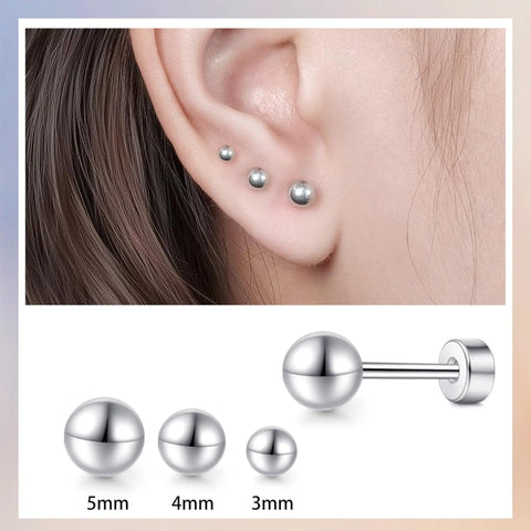 Heavy Duty Titanium Screw Back Flat Back Ball Stud Earrings For Women And Men With Hypoallergenic Nickel Free Build shown in 5mm, 4mm, and 3mm sizes on ear.