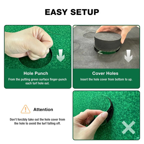 Hands demonstrating easy setup of Indoor Putting Green Mat Set With Adjustable Putters, 2 Balls, 12 Hole Covers, Non Slip EVA Surface.