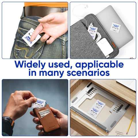 LucidHJC lens wipes, 200-count, individually wrapped; for eyeglasses, camera lenses, and screens; shown in pockets.