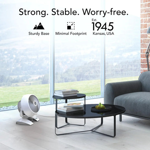 Medium Air Circulator White Floor Fan With Brushless DC Motor And Variable Speed Control Runs Buttery Smooth to keep your home cool near a stylish black coffee table.