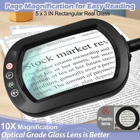 Close-up of 10X Rectangular Glass Magnifier Lamp With Light and Stand for easy reading, showing magnified text on page.