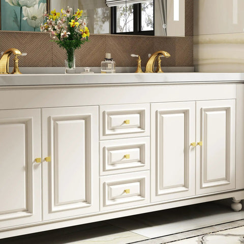 Twenty Pack Premium Gold Cabinet Knobs And Sturdy Drawer Pulls Featuring A Sleek Brushed Brass Finish on white cabinet.