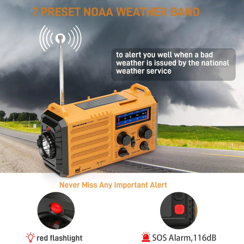 Prepper Ready Emergency Radio With NOAA Weather Alert 5000mAh Solar Hand Crank Portable AM FM Shortwave USB Charger