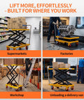 Heavy Duty Scissor Lift Cart 400 Pound Capacity in supermarket, workshop, factory, and unloading van for smooth material handling.