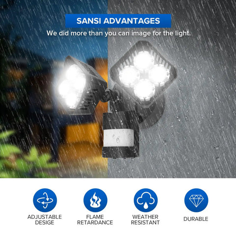 Outdoor Motion Sensor LED Flood Lights 2 Head Security Floodlight 3400 Lumen 30W Equivalent To 250W Incandescent Daylight 5000K Waterproof Yard Driveway Backyard Auto On Off illuminated in rain showcase durability and weather resistance.