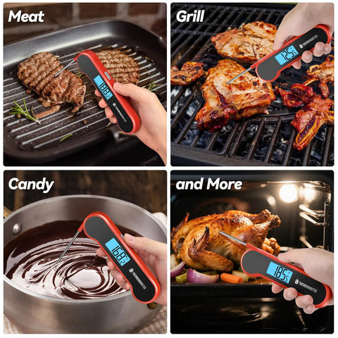 Ultra Fast 0.5 Second Digital Meat Thermometer With Plus Minus 0.5 F Precision measuring temperature in various foods.