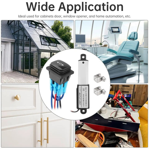 12 Volt Mini Linear Actuator With Rocker Switch for applications in cabinets, window openers, and home automation.