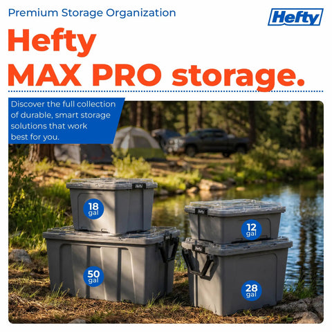 Kick Butt Heavy Duty 50 Gallon Storage Bins with Crystal Clear Lids Nesting Stackable Plastic Totes Hold All Tools Seasonal Gear and Bulky Clutter 2 Pack Grey in outdoor setting.