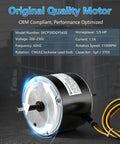 Top Notch Replacement Condenser Fan Motor 1/5 HP 1100 RPM 208-230V Copper Core Winding for AC and Heat Pumps, showing details and wiring.