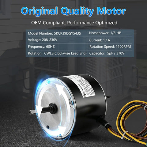 Top Notch Replacement Condenser Fan Motor 1/5 HP 1100 RPM 208-230V Copper Core Winding for AC and Heat Pumps, showing details and wiring.