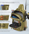 BlowBak Tactical Sling Tackle Bag Lightweight Fishing Backpack open view showing storage compartments, rod holders, khaki camo design.