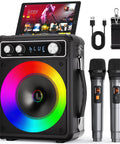 All In One Karaoke System With Two Wireless Microphones Portable Bluetooth Speaker showing front controls and rainbow speaker light