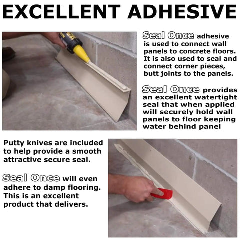 Seal Once adhesive application on concrete for Solid All In One Basement Flood Defense System With Baseboard Channel Drains And Sump Pump Station.