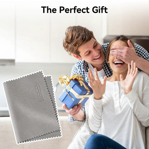 Man surprising woman with gift, showing Ultra Soft Microfiber Cleaning Cloths 3 Pack For Eyeglasses, Phones, Screens, Lenses And Delicate Electronics