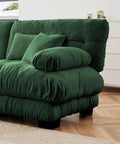 Modern Green Tufted Modular Sofa Chair Right Facing Armless Sectional Module With Fluffy Accent Pillows close-up view of soft upholstery.