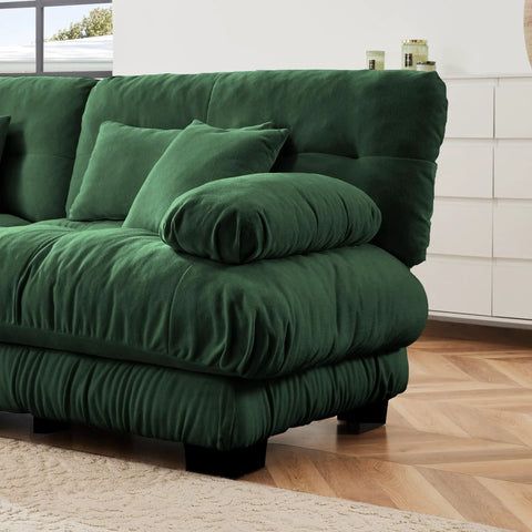 Modern Green Tufted Modular Sofa Chair Right Facing Armless Sectional Module With Fluffy Accent Pillows close-up view of soft upholstery.