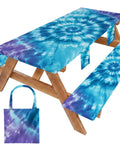 Waterproof Fitted Picnic Table Cover With Two Bench Covers And Elastic Edges Vinyl Rectangle Tablecloth Tie-Dye Design