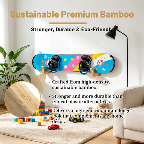 Universal Skateboard And Snowboard Wall Mount Bamboo Rack For Horizontal Storage Indoor And Outdoor showing blue board and plant decor.