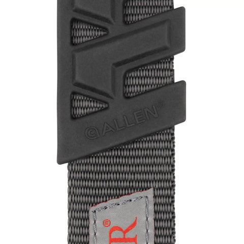 Close-up of Baktrak Traction Web Rifle Sling with molded non-slip pad and woven fabric showing Allen branding.