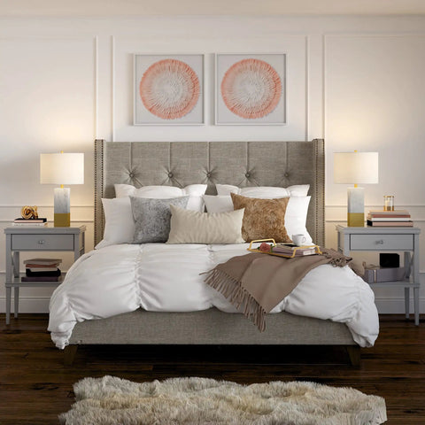 Bedroom with two Glam Marble and Brass Table Lamp With White Drum Shade 21.5 Inch Tall Desk Lamp For Home Or Office on nightstands