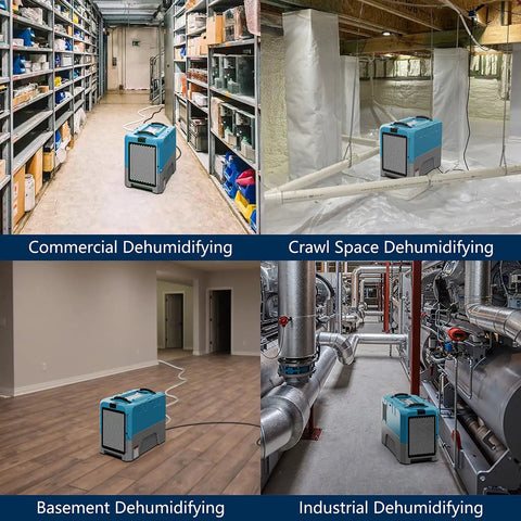 Beast Mode Commercial Dehumidifier Handles 180 Pints Daily Built In Drain Pump in various settings for large room dehumidifying.