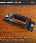 Heavy Duty 10 Pack E Track Tie Down Anchors Single Slot Anchor Points With Screws close-up of black coated metal anchor with water droplets on wood surface.