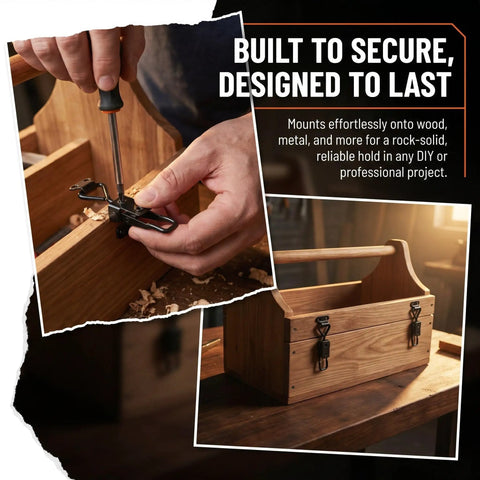 Heavy Duty Adjustable Toggle Latch Clamps With Quick Release Draw Latches For Secure Industrial Mounting And Heavy Equipment, Built Tough To Handle The Rough Stuff Without Any Fuss Or Complications. Placing clamp on wooden toolbox.