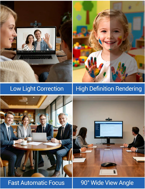 UHD 4K Webcam With Dual Mics, Wide Angle Lens, in use for video calls, child smiling, office meetings, showing fast autofocus and low light correction
