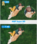 Comparison of 4MP Super HD and standard HD showing child and dog on grass with 12X zoom detail.