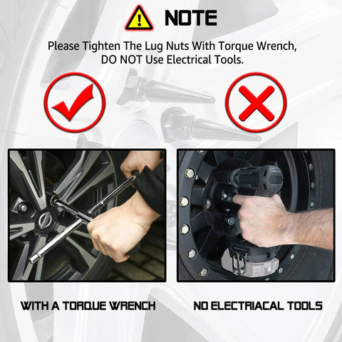 Image showing proper method to tighten Slick Chrome M14 X 1.5 Wheel Lug Nuts 32 Piece Set with torque wrench, avoiding electric tools.