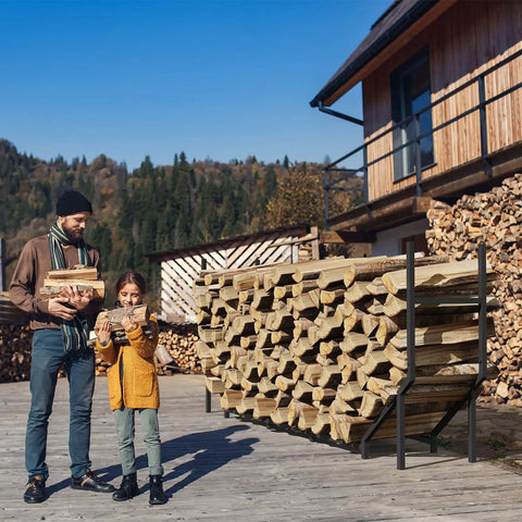 Six Foot Outdoor Firewood Rack Heavy Duty Metal Wood Holder Built For Up To 880 Lbs One Quarter Cord Capacity shown on patio