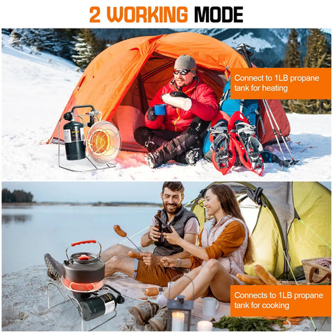 Go-To Outdoor Portable Propane Patio Heater And Cooker 18000 BTU With USB Lighter For Tent Camping Hunting Fishing RV Versatile Gas Camp Stove And Grill No Fuel Included used for heating and cooking near tents in snowy and lake settings.
