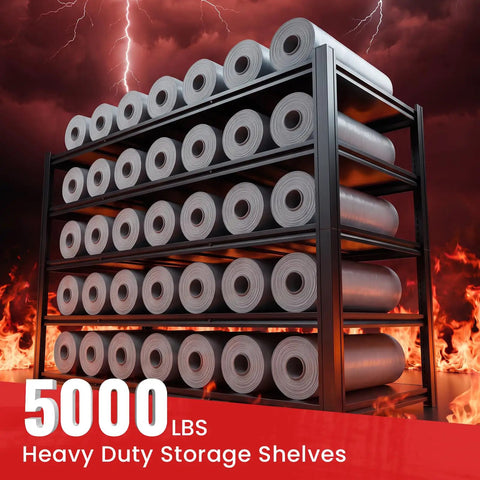 Heavy Duty 5 Tier Garage Shelving Unit Packing 5000 Lbs Metal Storage Rack adjustable shelf with rolls in dark background