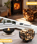 Heavy Duty Firewood Rack With Casters For Indoor Or Outdoor Use, Matte Black, Holds Logs Near Fireplace and Fire Pit