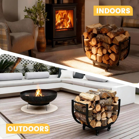 Heavy Duty Firewood Rack With Casters For Indoor Or Outdoor Use, Matte Black, Holds Logs Near Fireplace and Fire Pit