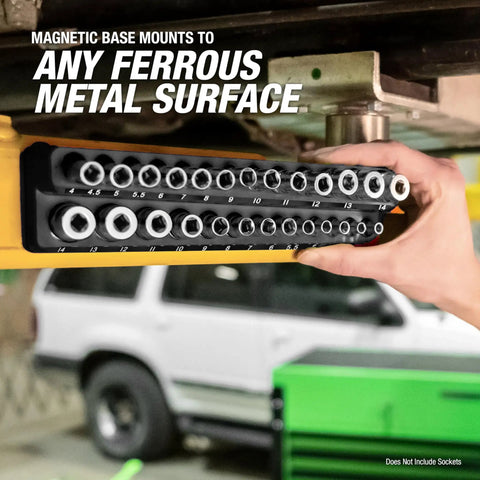 Person attaching Magnetic Metric Socket Organizer Set for Toolboxes and Rolling Carts to metal surface in garage