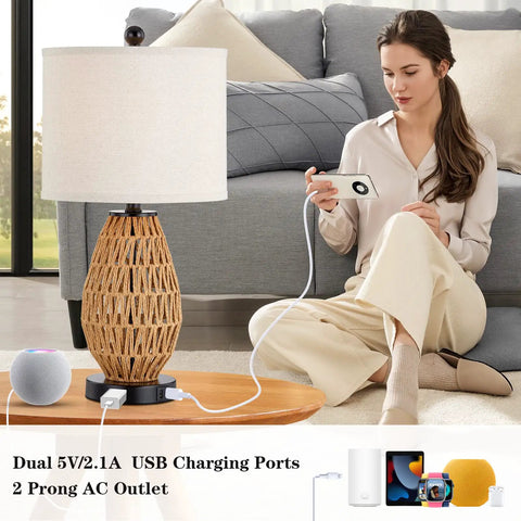 Touch Control Rattan Bedside Lamps Set Of 2 With 3 Way Dimming USB Ports And AC Outlet shown with user charging device
