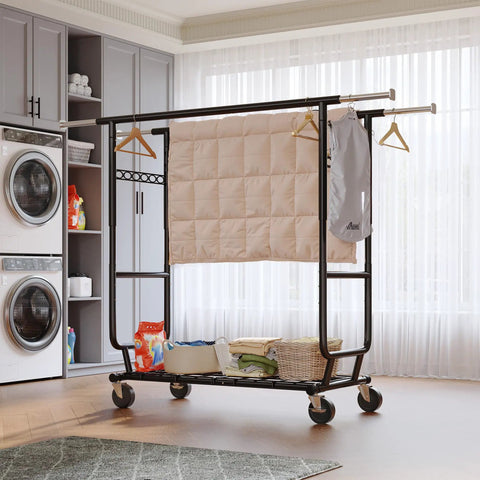 Rock Solid Heavy Duty Clothing Rack Featuring Double Hanging Rods And Commercial Grade Stainless Construction Built Tough For Master Bedroom Or Boutique Display Rooms with blankets and shirts.