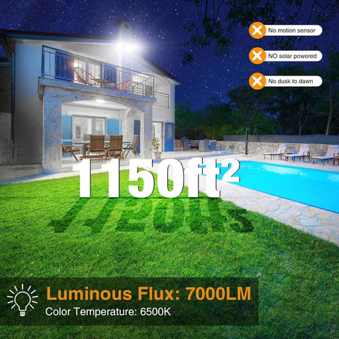 Three Pack 75W LED Security Flood Lights With 3 Swivel Heads installed by poolside illuminating lush green lawn at night.
