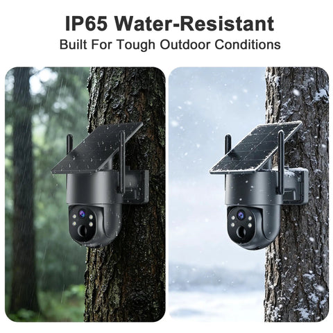 Wireless Cellular PTZ Security Camera For Outdoor Monitoring With Solar Charging And Straight Up 4G Signal mounted on a tree in rain and snow.