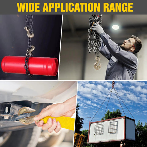 Wide range of applications featuring Three Eighths Inch Clevis Grab Hooks Four Pack Heavy Duty Chain Hooks for Grade 70 Chain.
